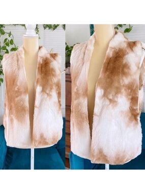 Entro | Cow Print Fuzzy Layering Vest With Pockets Camel Tan Cream New Small